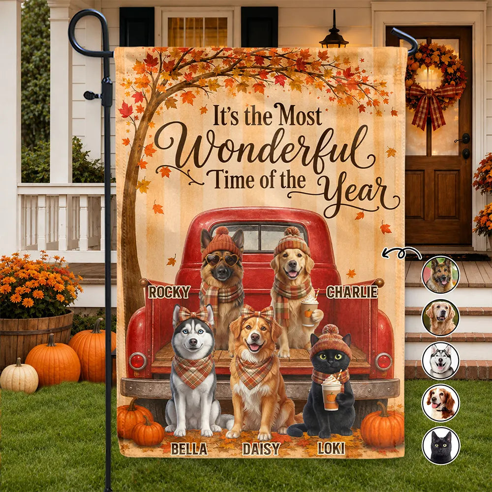 Personalized It's the Most Wonderful Time of the Year fall garden flag with six pets and a red truck