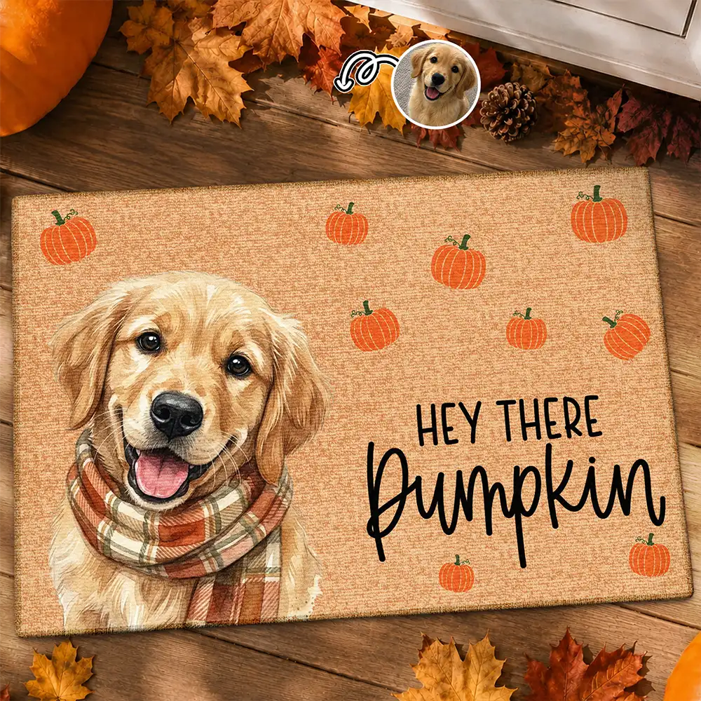 Personalized Hey There Pumpkin doormat with a golden retriever in a plaid scarf