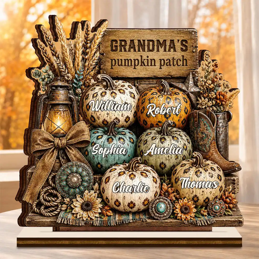 Personalized Grandma's Pumpkin Patch western plaque with leopard pumpkins and names