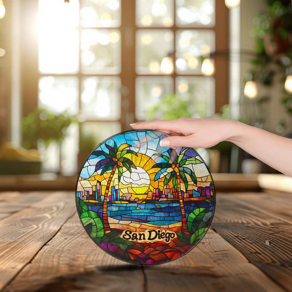 Personalized San Diego stained-glass-inspired suncatcher by Foswick