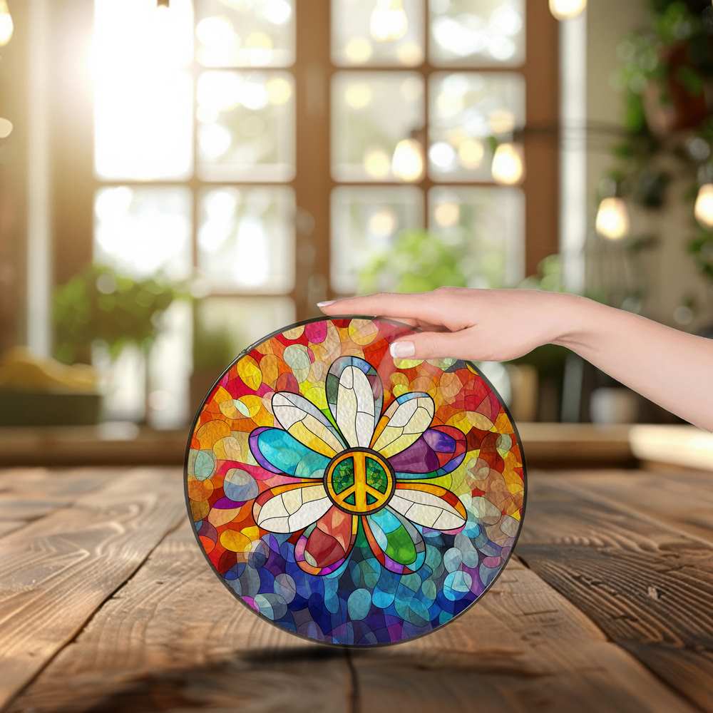 Personalized Flower Peace Symbol stained-glass-inspired suncatcher by Foswick