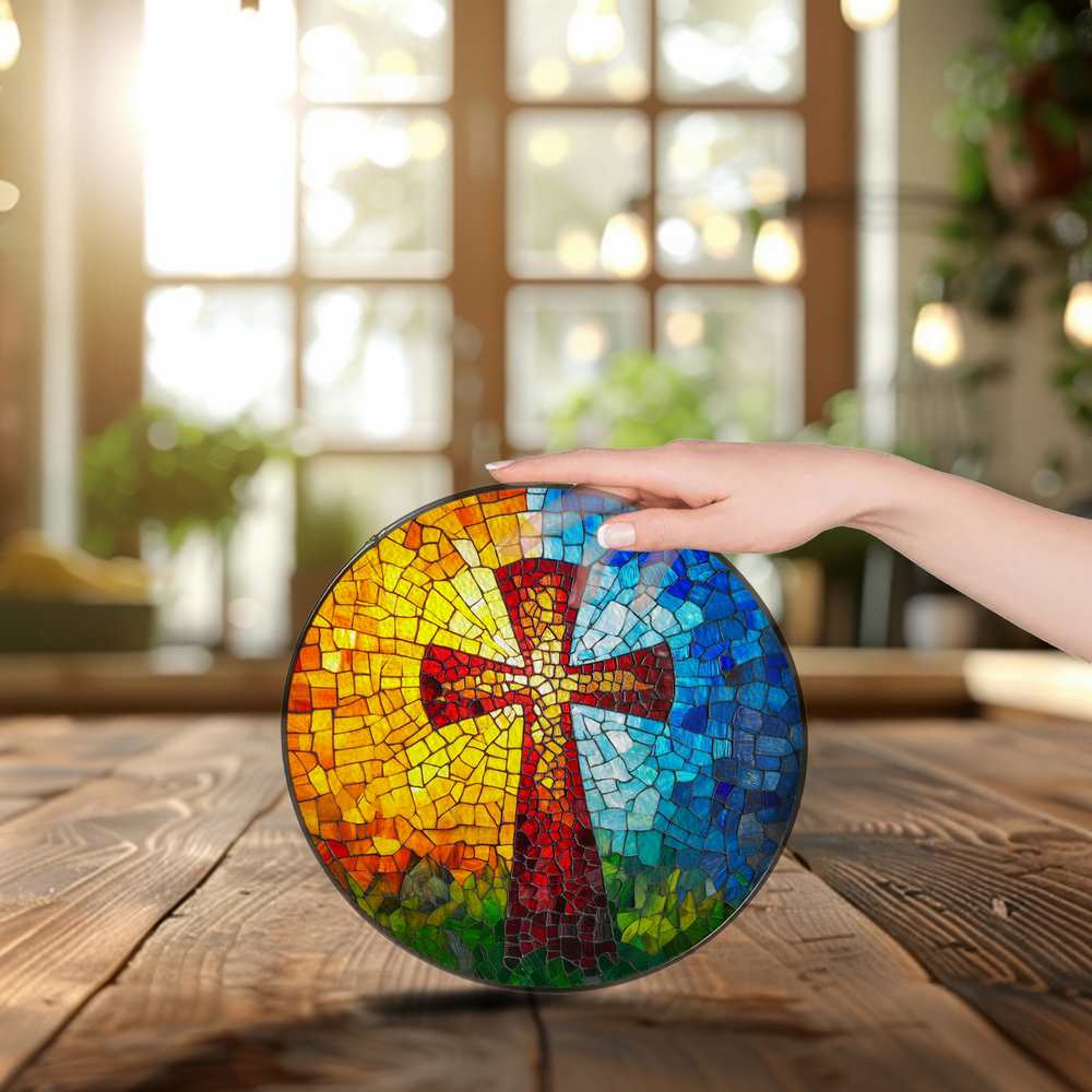 Personalized Cross stained-glass-inspired suncatcher by Foswick