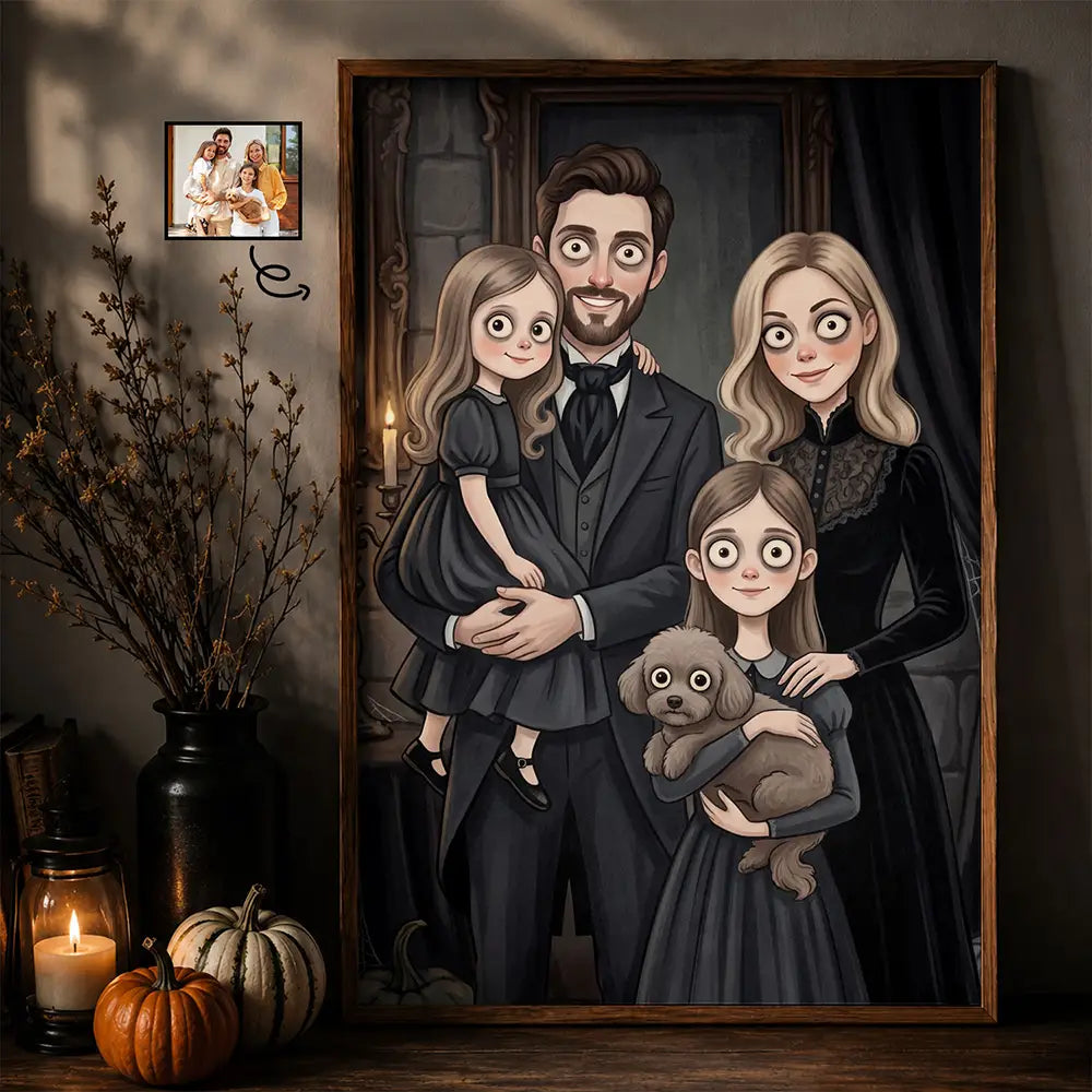 Personalized gothic cartoon family portrait print with candles and pumpkins