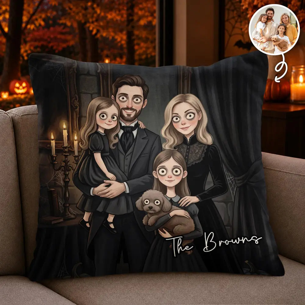 Personalized gothic cartoon family portrait pillow with Halloween candles behind