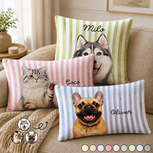 Personalized watercolor pet portrait pillows with a husky, a cat and a French bulldog on striped backgrounds