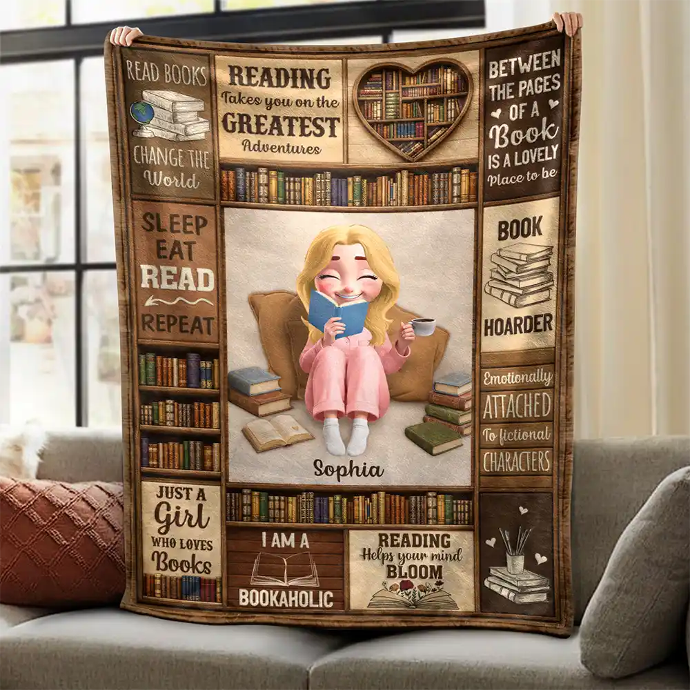 Personalized book lover fleece blanket with a cartoon girl reading among bookshelves