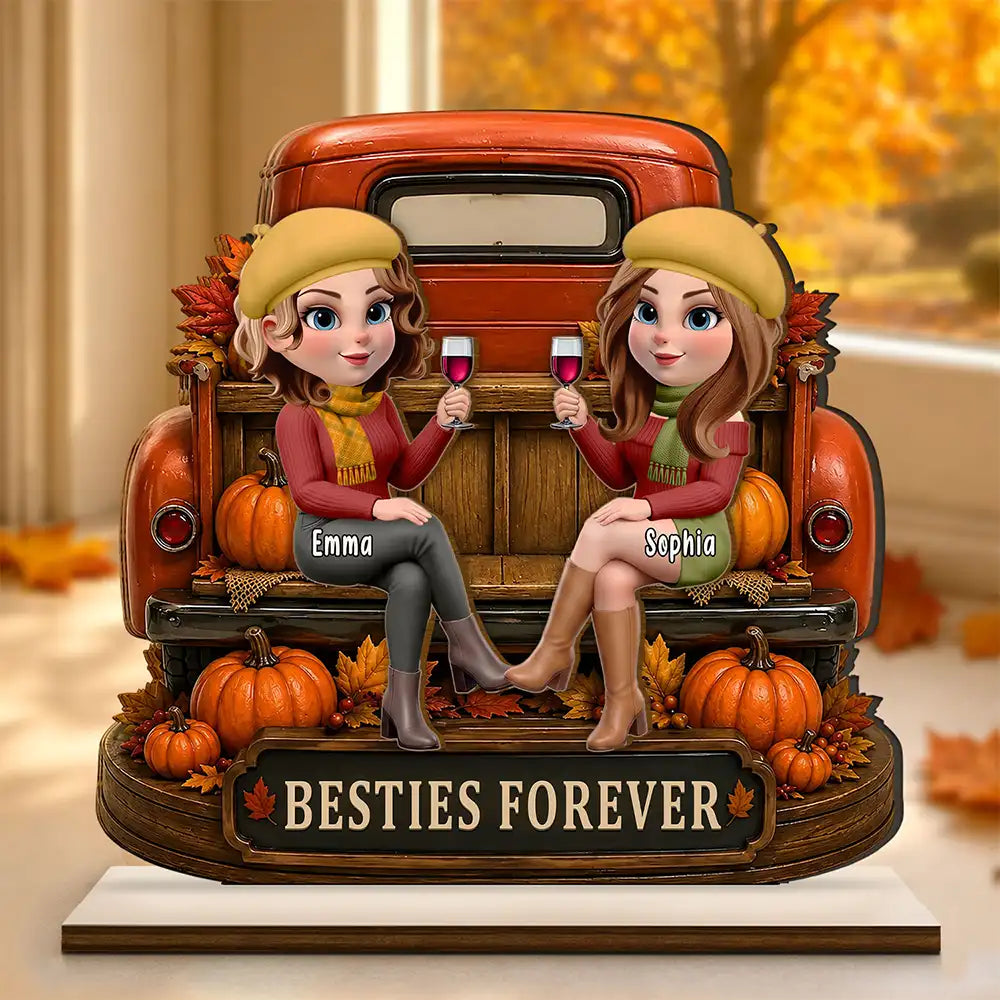 Personalized Besties Forever plaque with two friends on a red truck tailgate with pumpkins