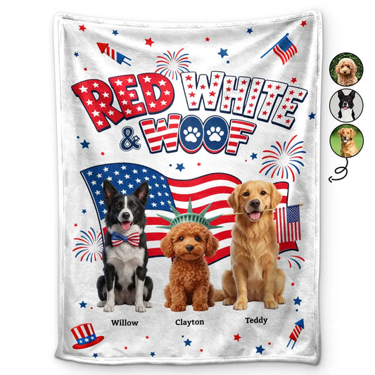 Personalized Red White and Woof fleece blanket with three dogs in front of an American flag