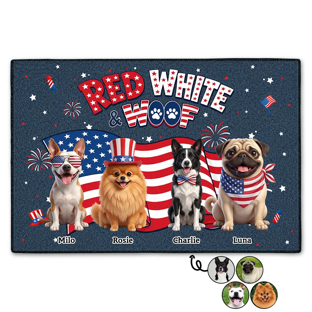 Personalized Red White and Woof navy doormat with four dogs in patriotic outfits