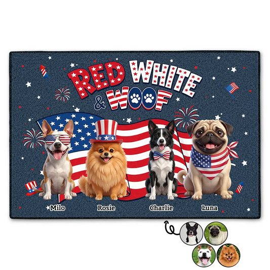 Personalized Red White and Woof navy doormat with four dogs in patriotic outfits
