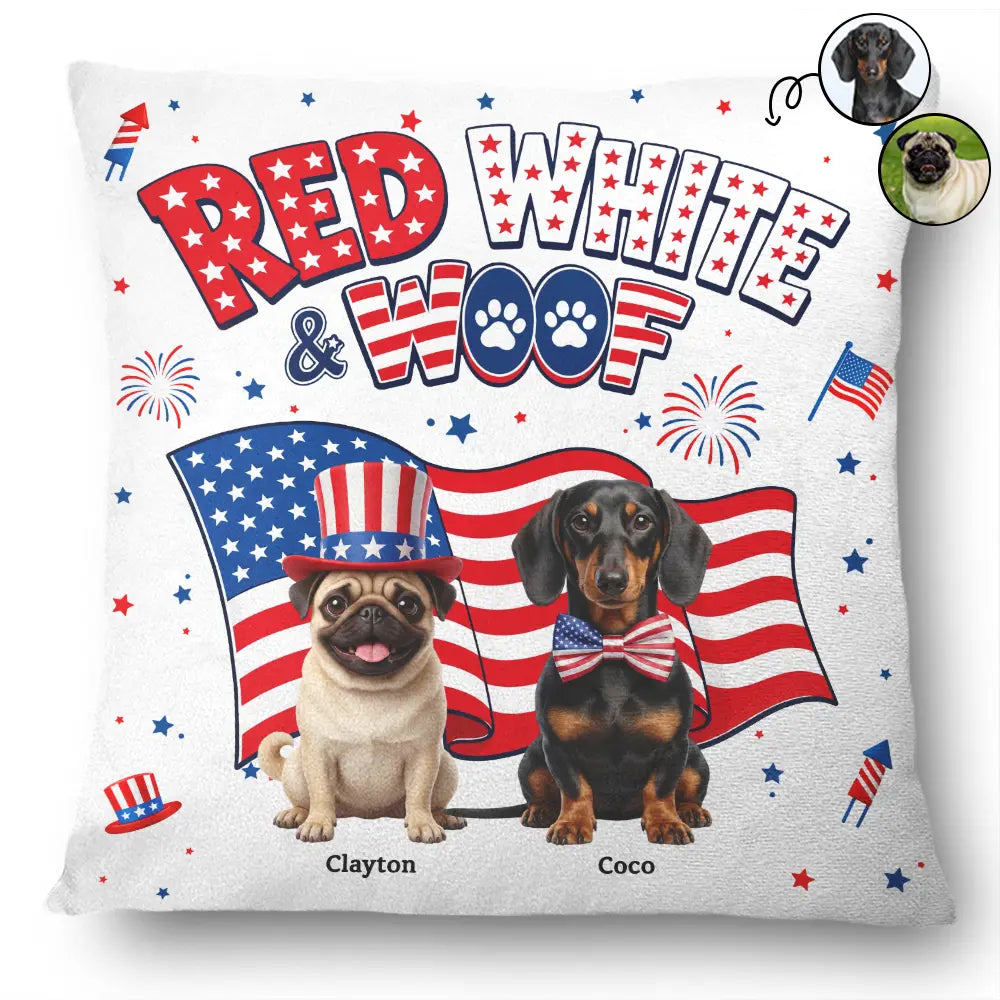 Personalized Red White and Woof pillow with a pug and a dachshund in front of an American flag