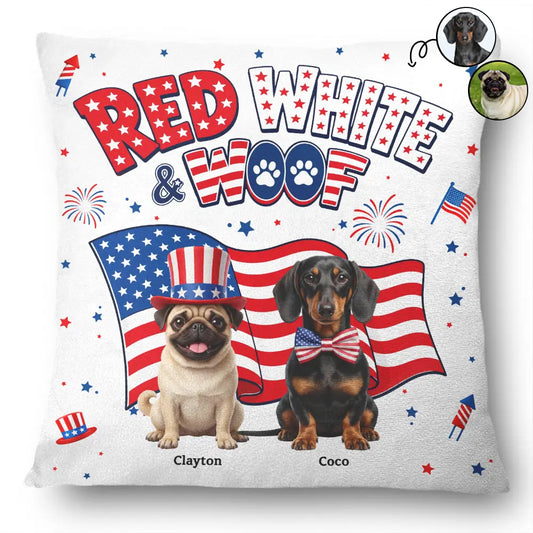 Personalized Red White and Woof pillow with a pug and a dachshund in front of an American flag