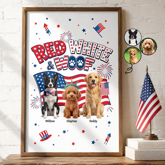 Personalized Red White and Woof wall art print with three dogs and an American flag