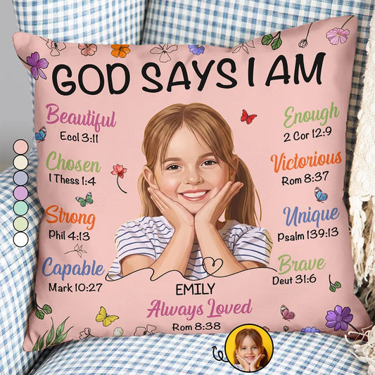 Personalized God Says I Am throw pillow with a child's portrait and Bible verses