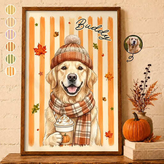 Personalized autumn pet portrait print of a golden retriever in a hat and scarf holding a latte
