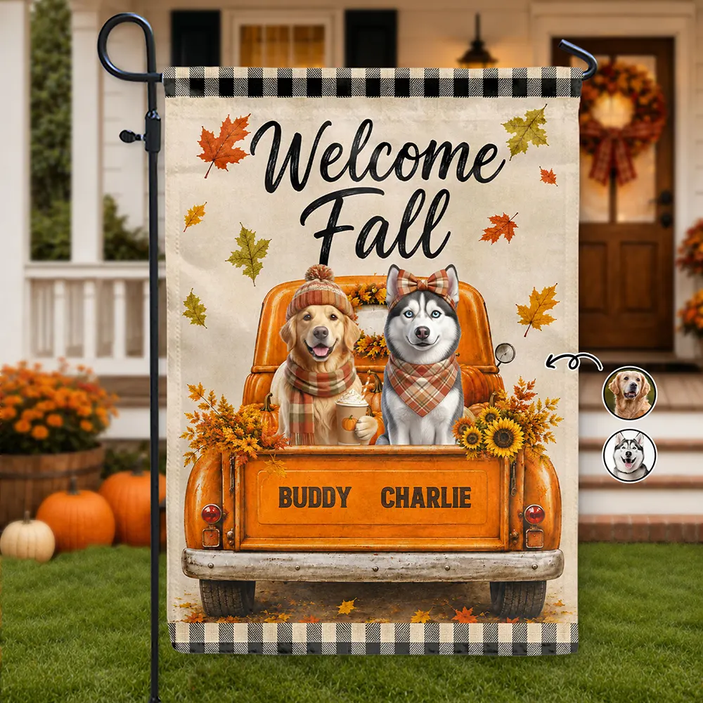 Personalized Welcome Fall garden flag with two dogs in an orange truck
