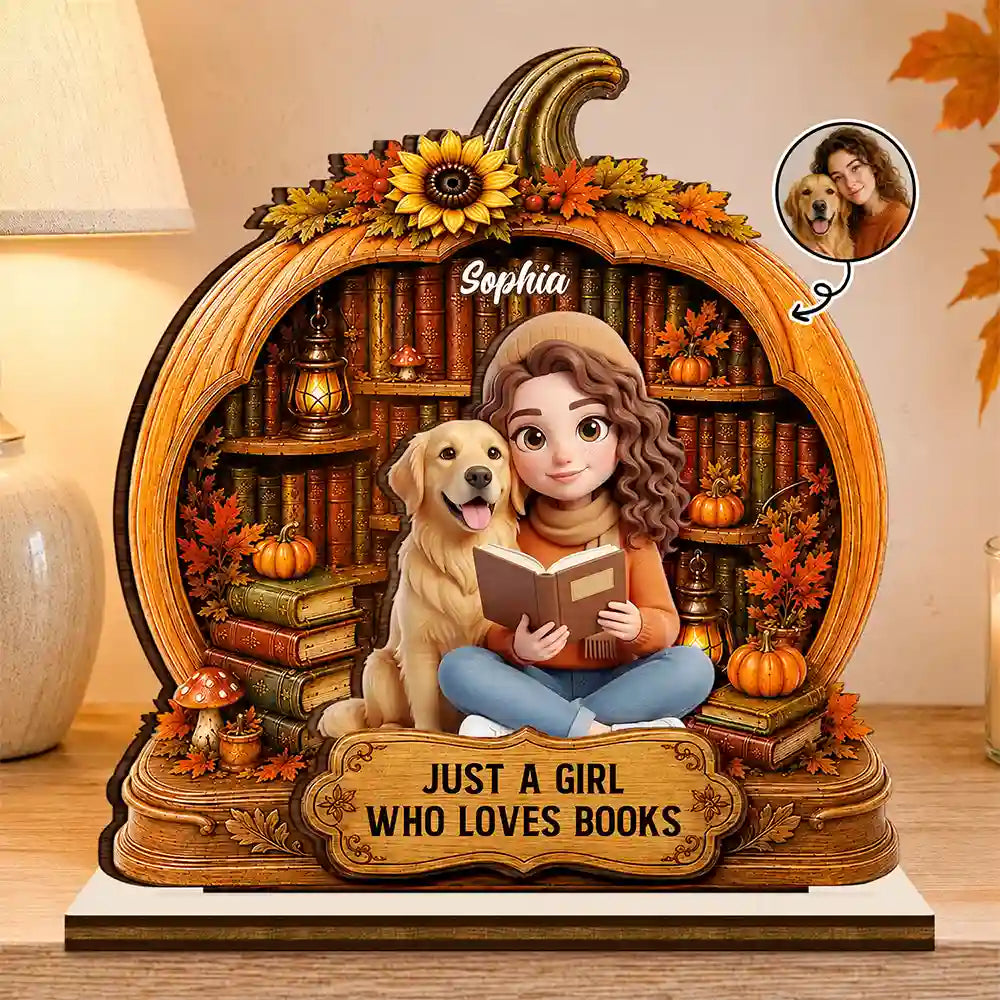 Personalized Just A Girl Who Loves Books pumpkin plaque with a girl reading beside a golden retriever