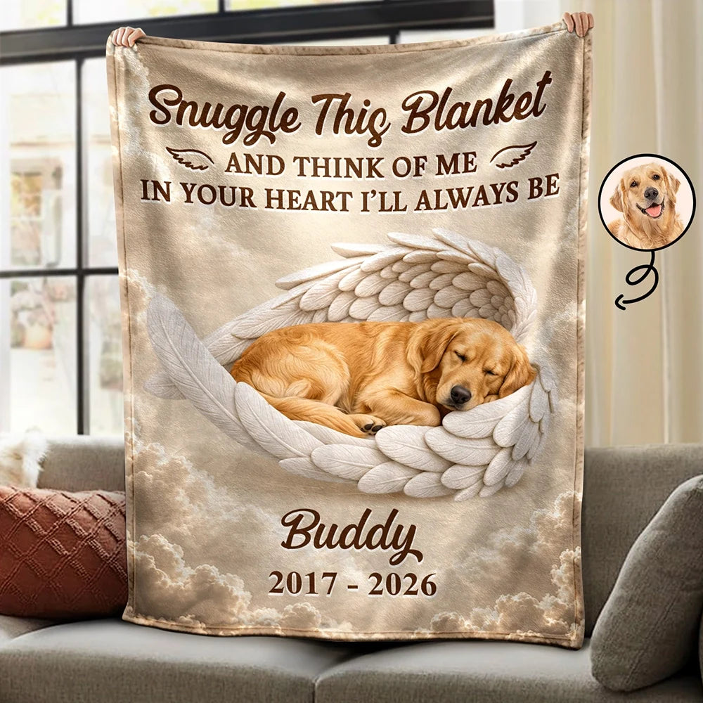 Personalized pet memorial fleece blanket with a golden retriever sleeping in angel wings