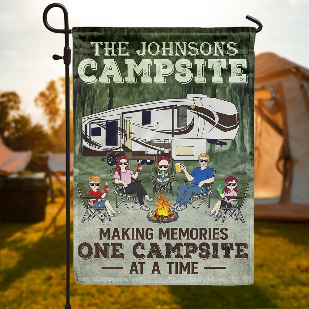 Personalized family campsite garden flag with a cartoon family around a campfire