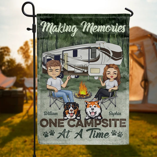 Personalized Making Memories One Campsite at a Time garden flag with a couple and two dogs