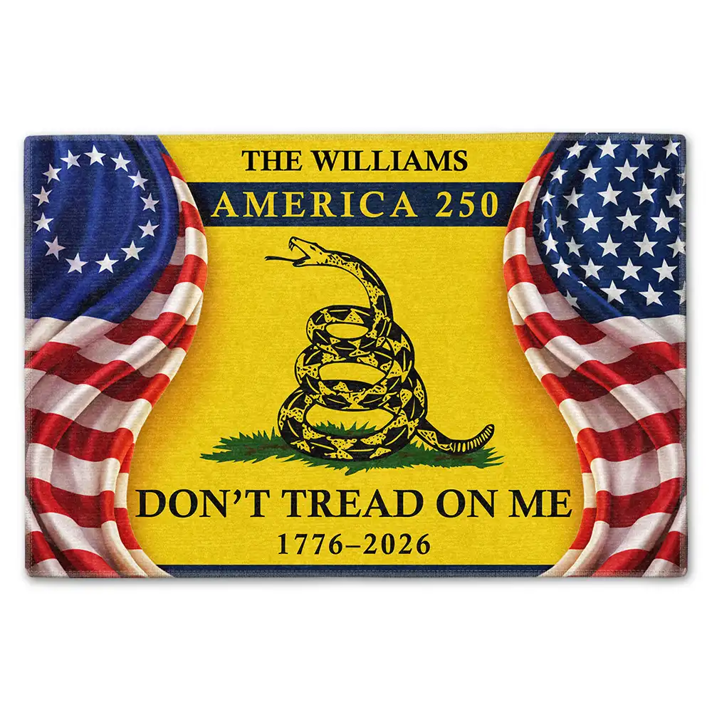 Personalized America 250 Don't Tread On Me doormat with a family name between two flags
