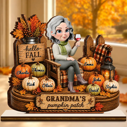 Personalized Hello Fall Grandma's Pumpkin Patch plaque with grandma in a plaid chair