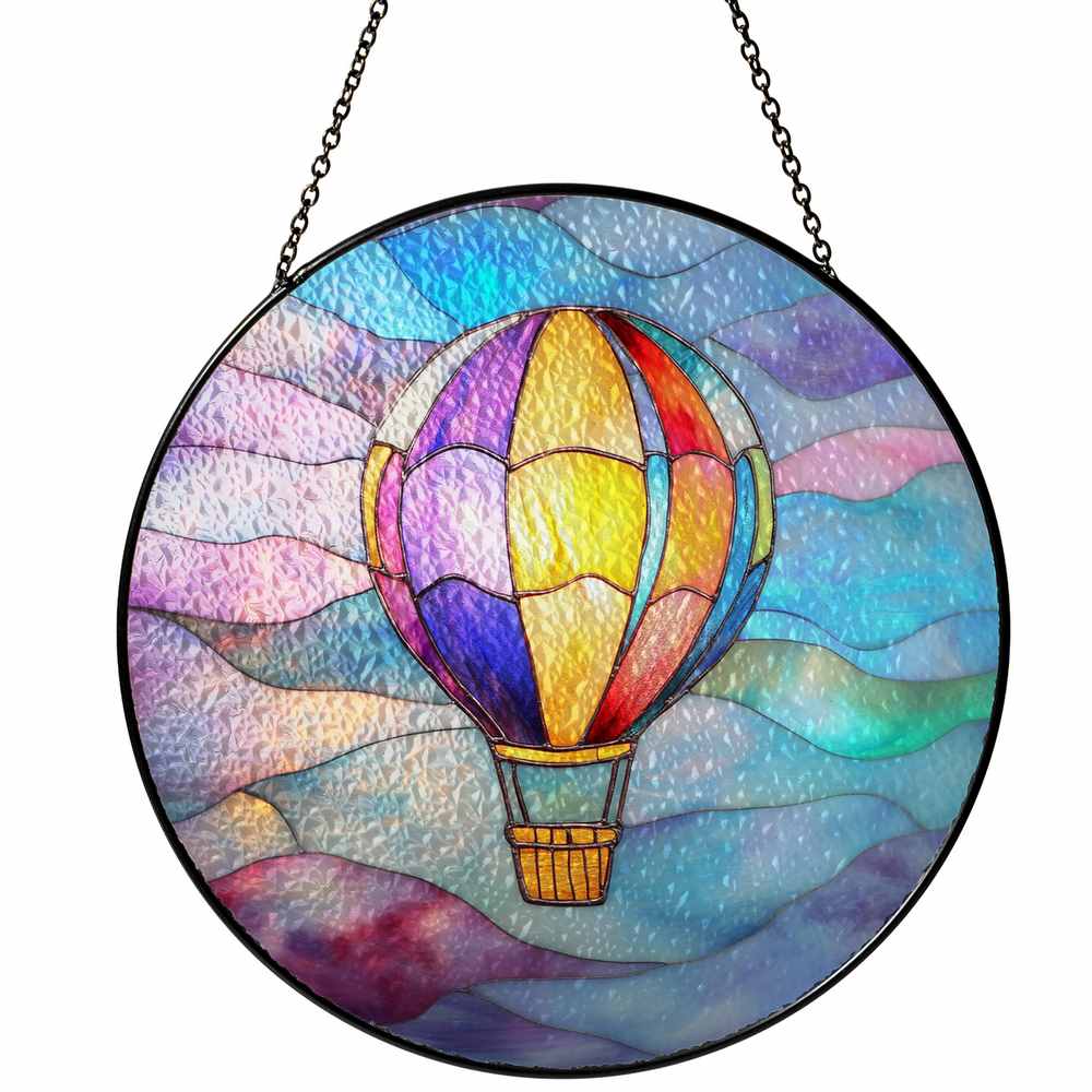 Personalized Rainbow Hot Air Balloon stained-glass-inspired suncatcher by Foswick
