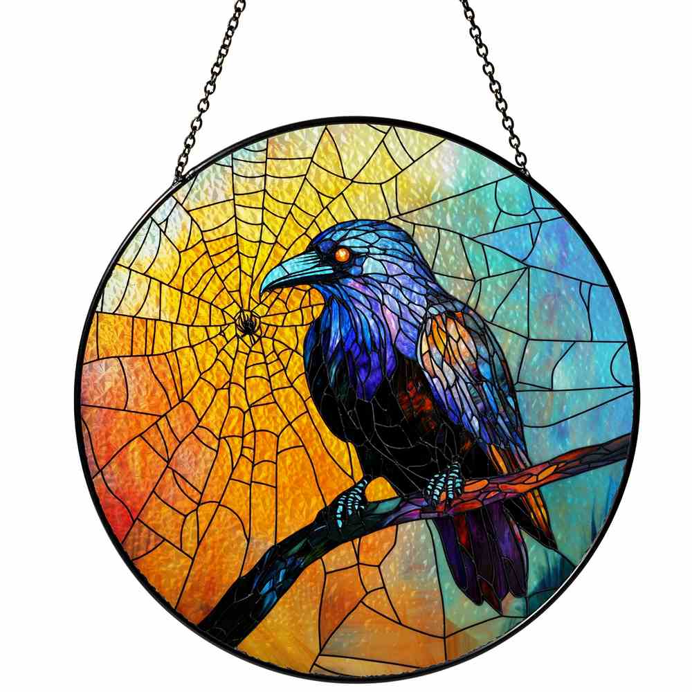 Personalized Raven And Spider Web stained-glass-inspired suncatcher by Foswick