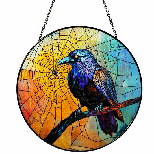 Personalized Raven And Spider Web stained-glass-inspired suncatcher by Foswick