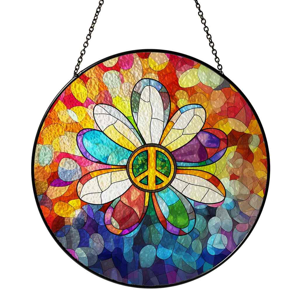 Personalized Flower Peace Symbol stained-glass-inspired suncatcher by Foswick