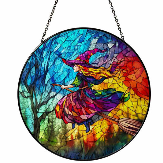 Personalized Witch On Broomstick stained-glass-inspired suncatcher by Foswick