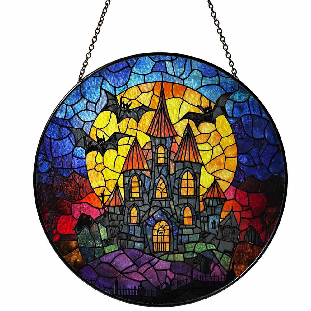 Personalized Bat And Haunted House stained-glass-inspired suncatcher by Foswick