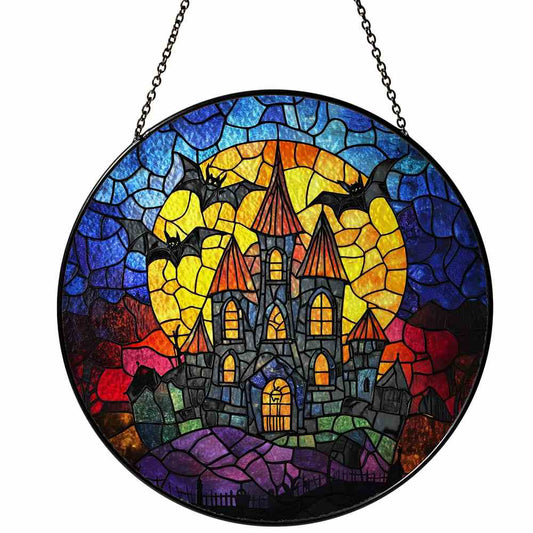 Personalized Bat And Haunted House stained-glass-inspired suncatcher by Foswick