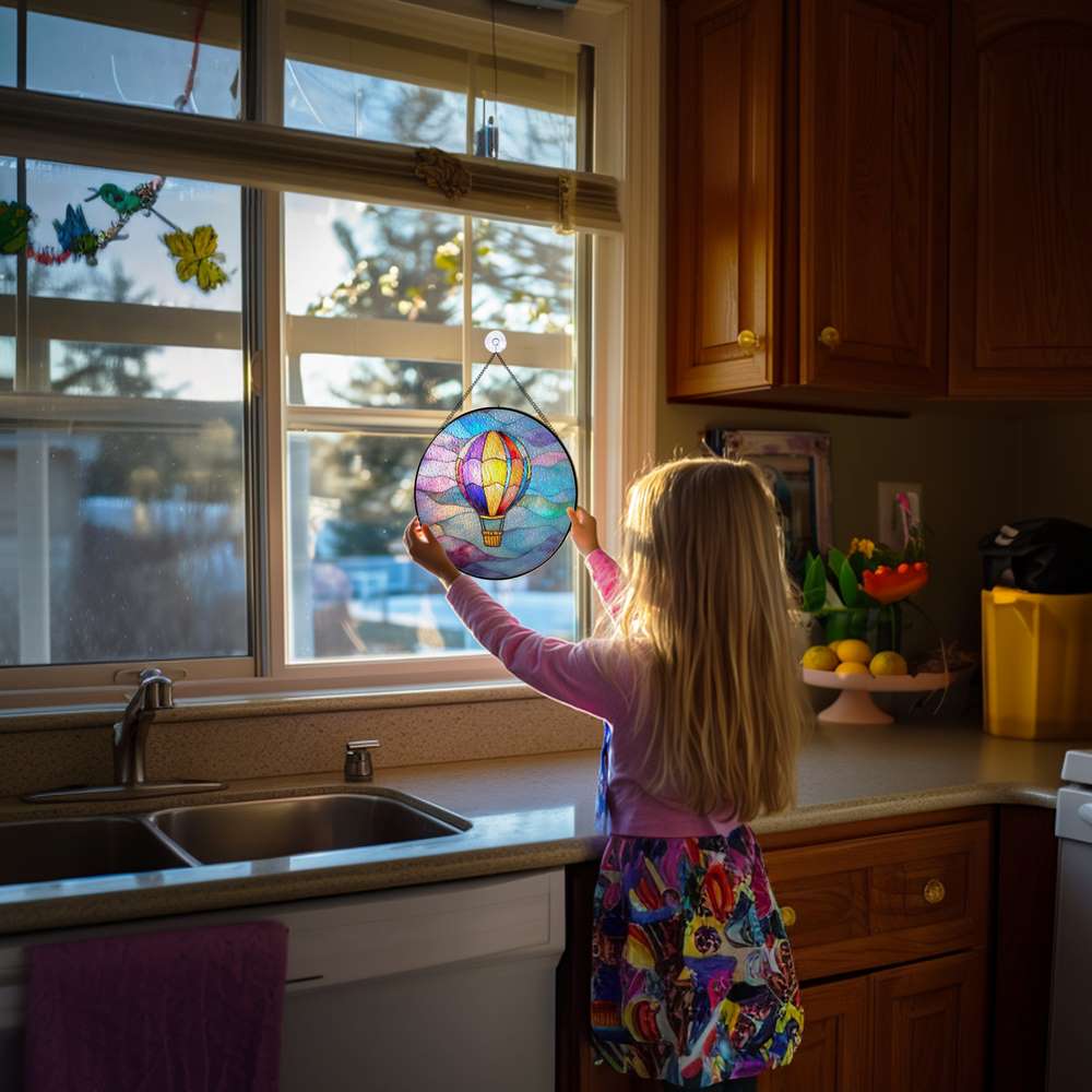 Personalized Rainbow Hot Air Balloon stained-glass-inspired suncatcher by Foswick