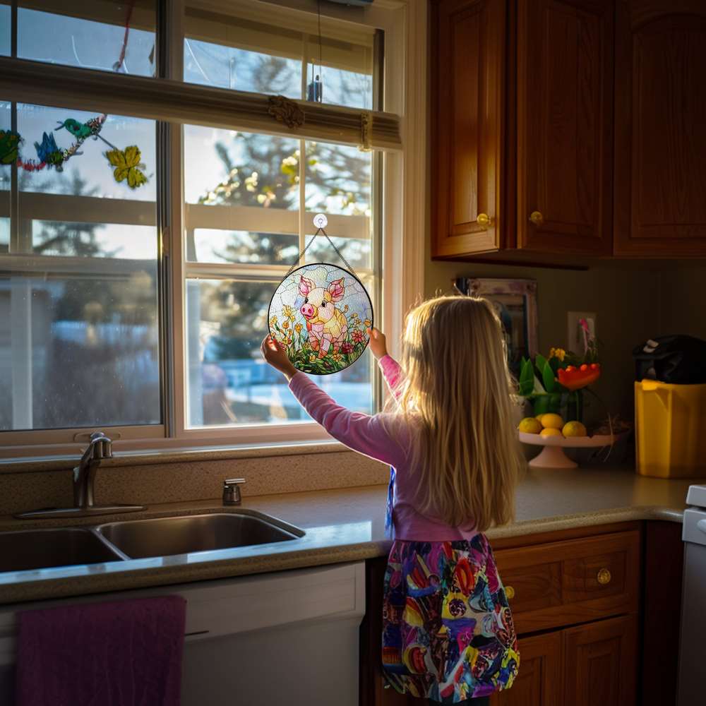 Personalized Pig stained-glass-inspired suncatcher by Foswick