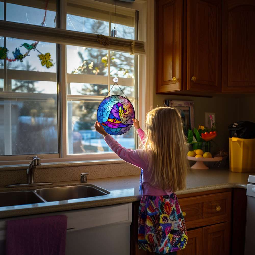 Personalized Witch Hat stained-glass-inspired suncatcher by Foswick