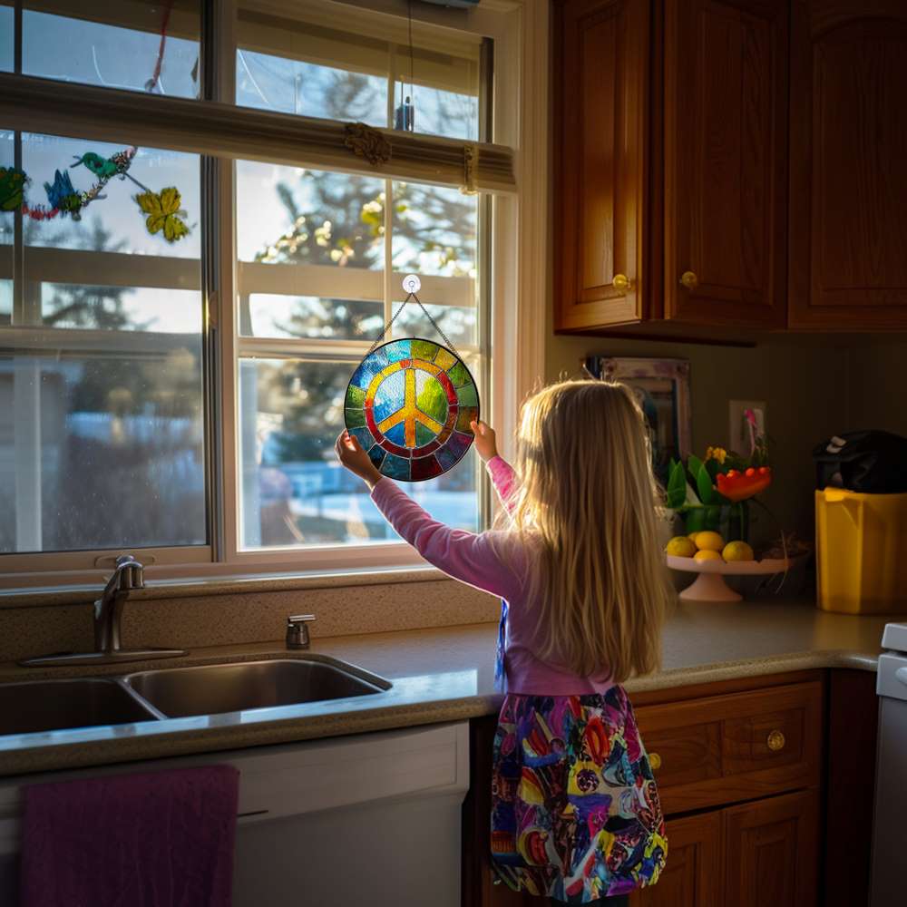 Personalized Peace Symbol stained-glass-inspired suncatcher by Foswick