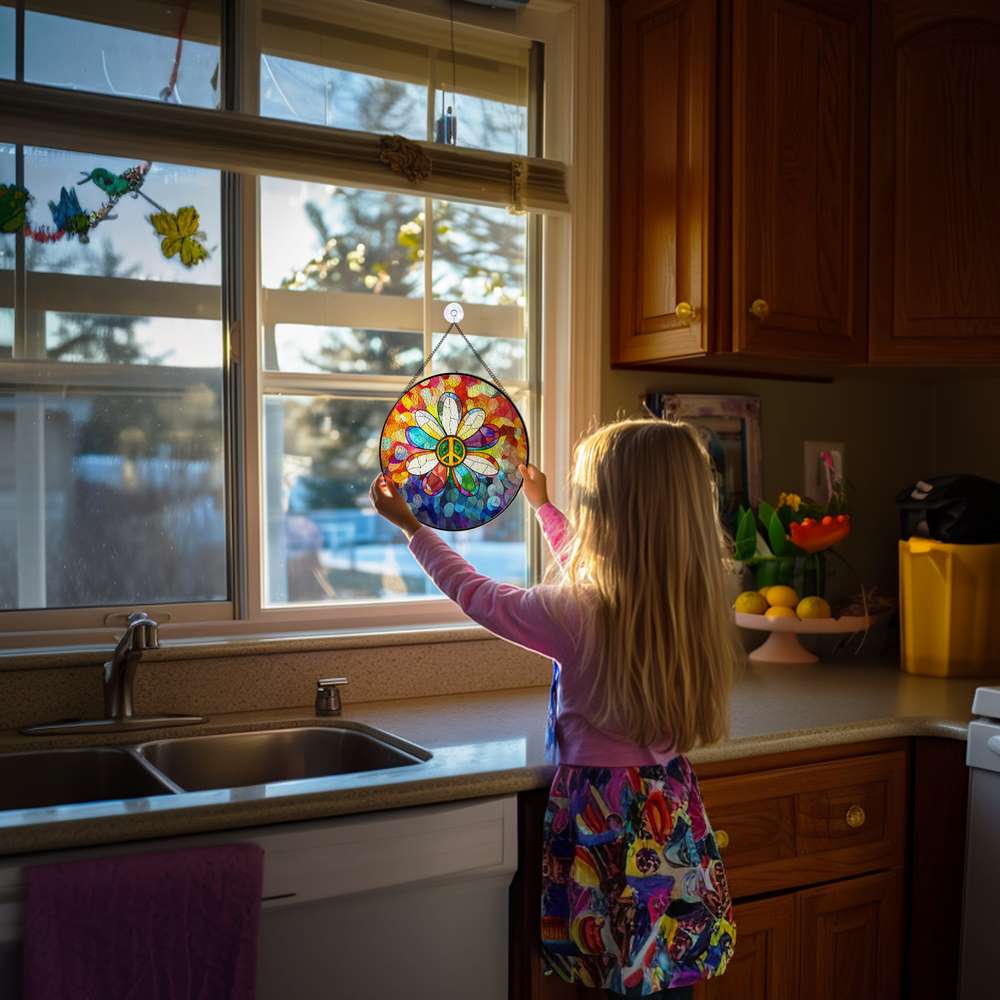 Personalized Flower Peace Symbol stained-glass-inspired suncatcher by Foswick