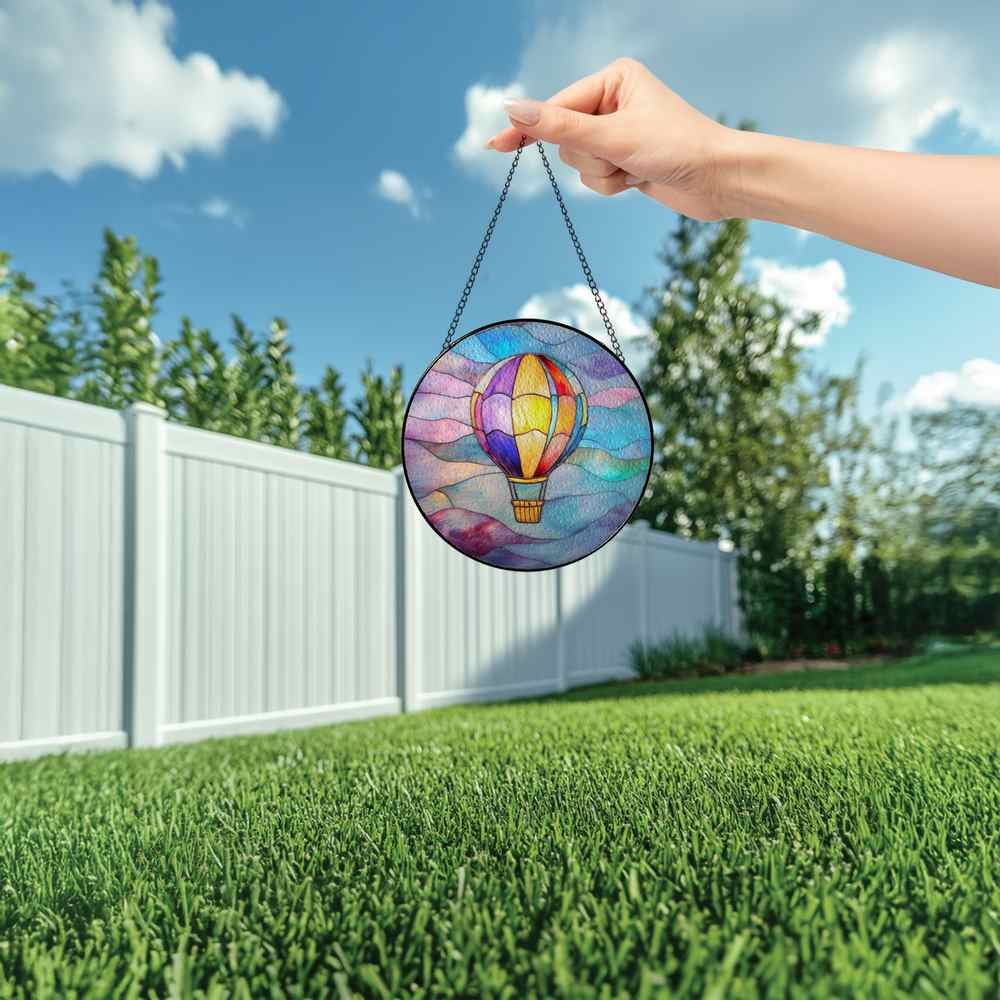 Personalized Rainbow Hot Air Balloon stained-glass-inspired suncatcher by Foswick