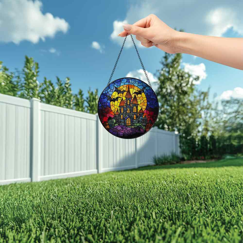 Personalized Bat And Haunted House stained-glass-inspired suncatcher by Foswick