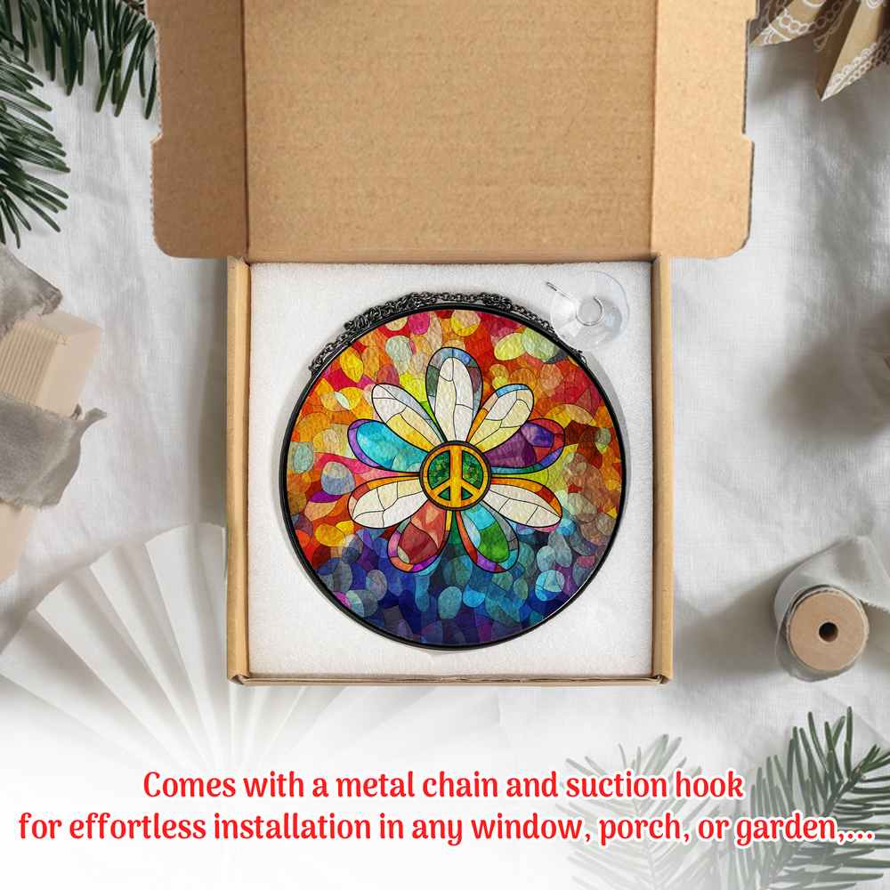 Personalized Flower Peace Symbol stained-glass-inspired suncatcher by Foswick