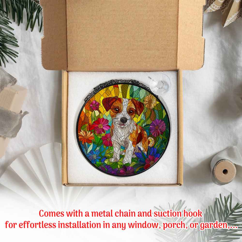 Personalized Jack Russell Dog stained-glass-inspired suncatcher by Foswick