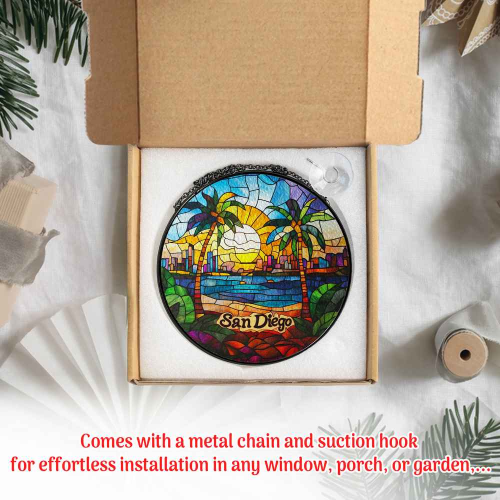 Personalized San Diego stained-glass-inspired suncatcher by Foswick