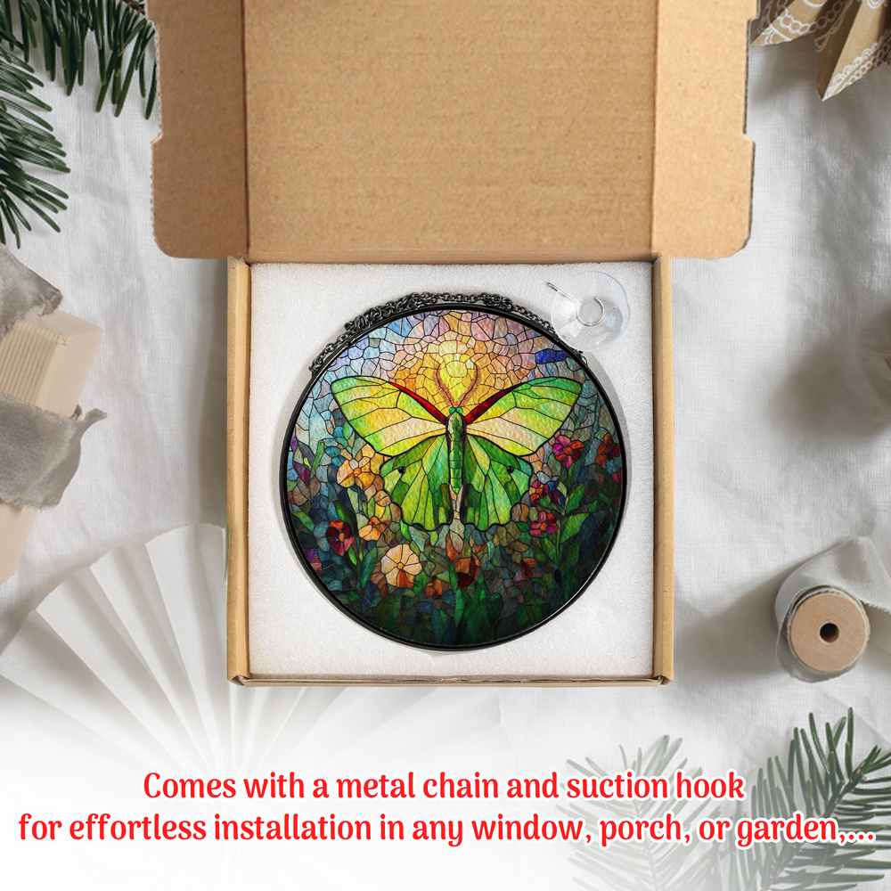 Personalized Luna Moth stained-glass-inspired suncatcher by Foswick