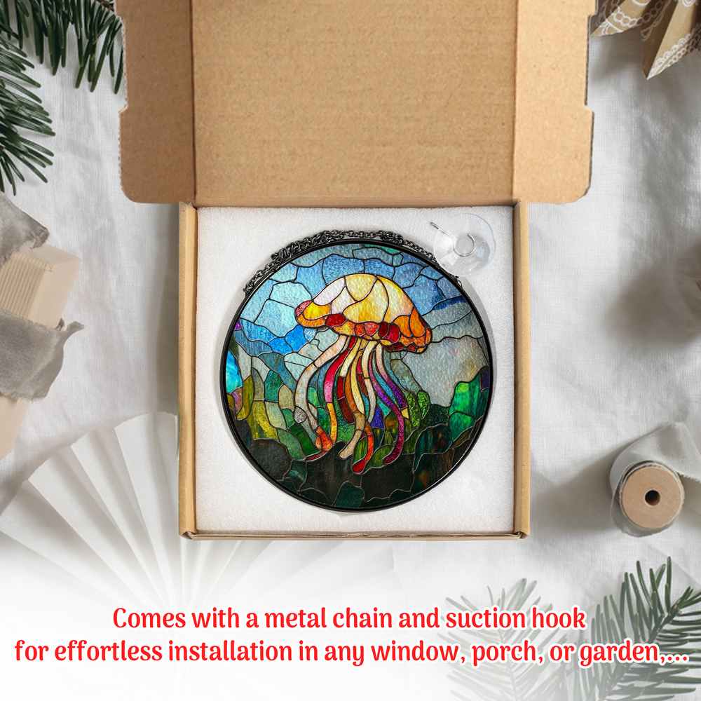 Personalized Jellyfish stained-glass-inspired suncatcher by Foswick