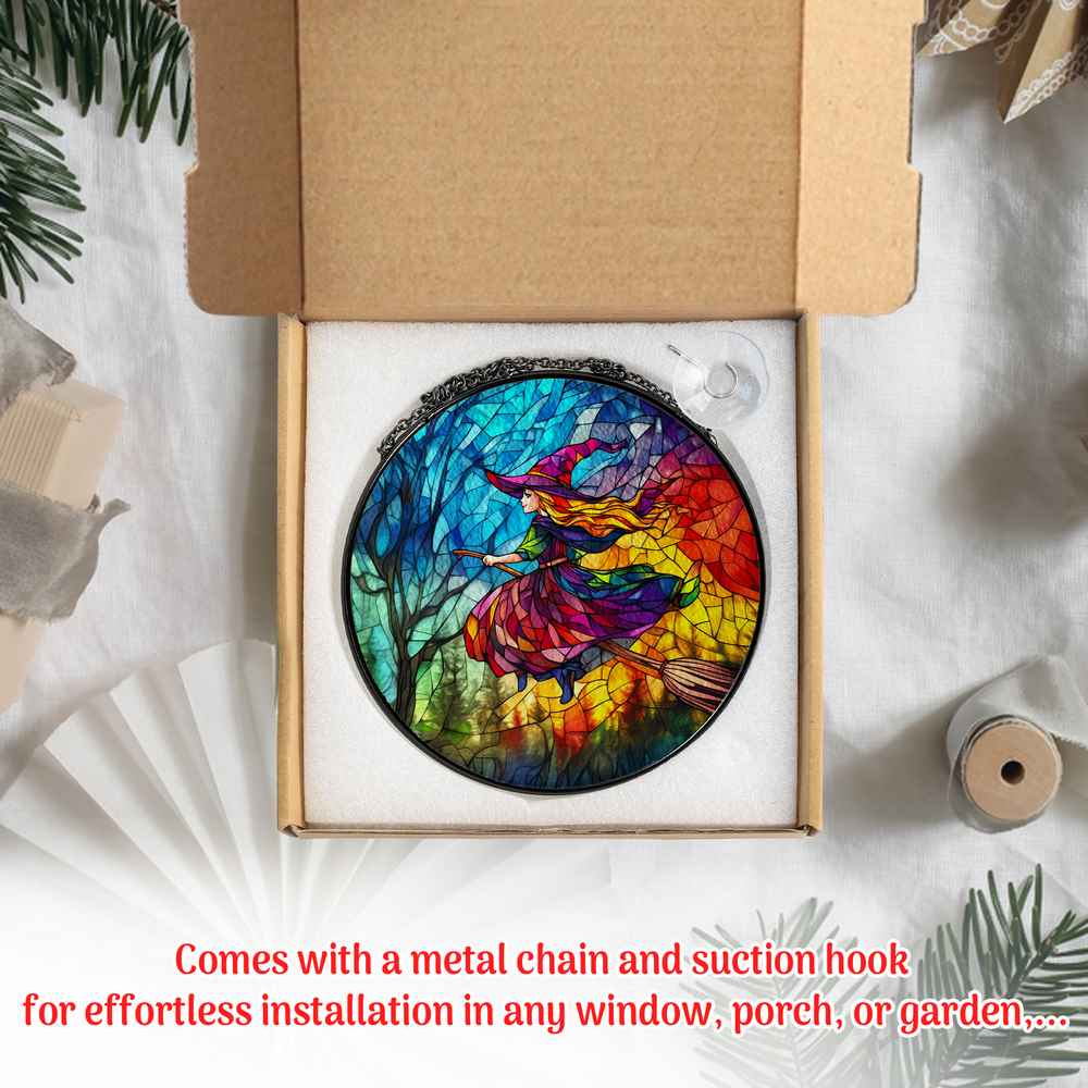 Personalized Witch On Broomstick stained-glass-inspired suncatcher by Foswick