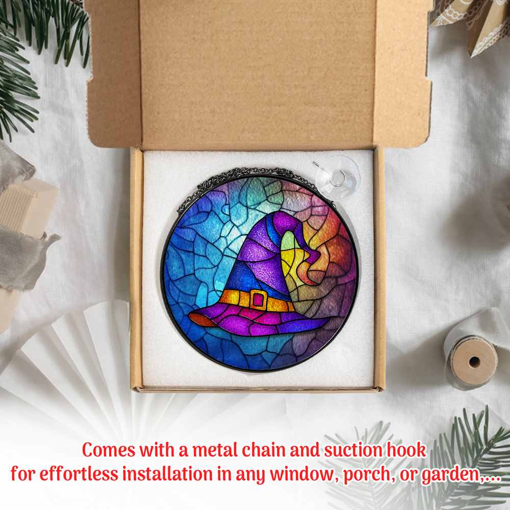 Personalized Witch Hat stained-glass-inspired suncatcher by Foswick