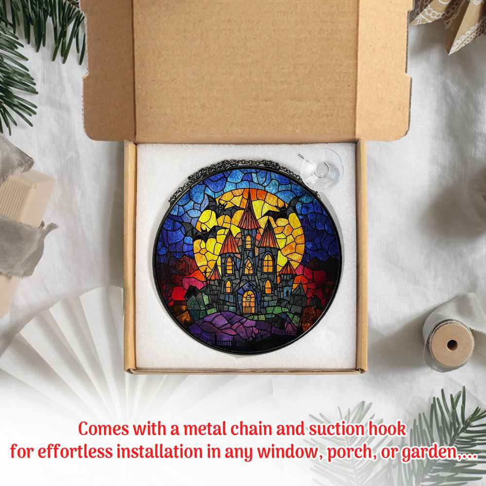 Personalized Bat And Haunted House stained-glass-inspired suncatcher by Foswick