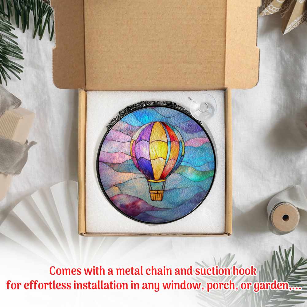 Personalized Rainbow Hot Air Balloon stained-glass-inspired suncatcher by Foswick