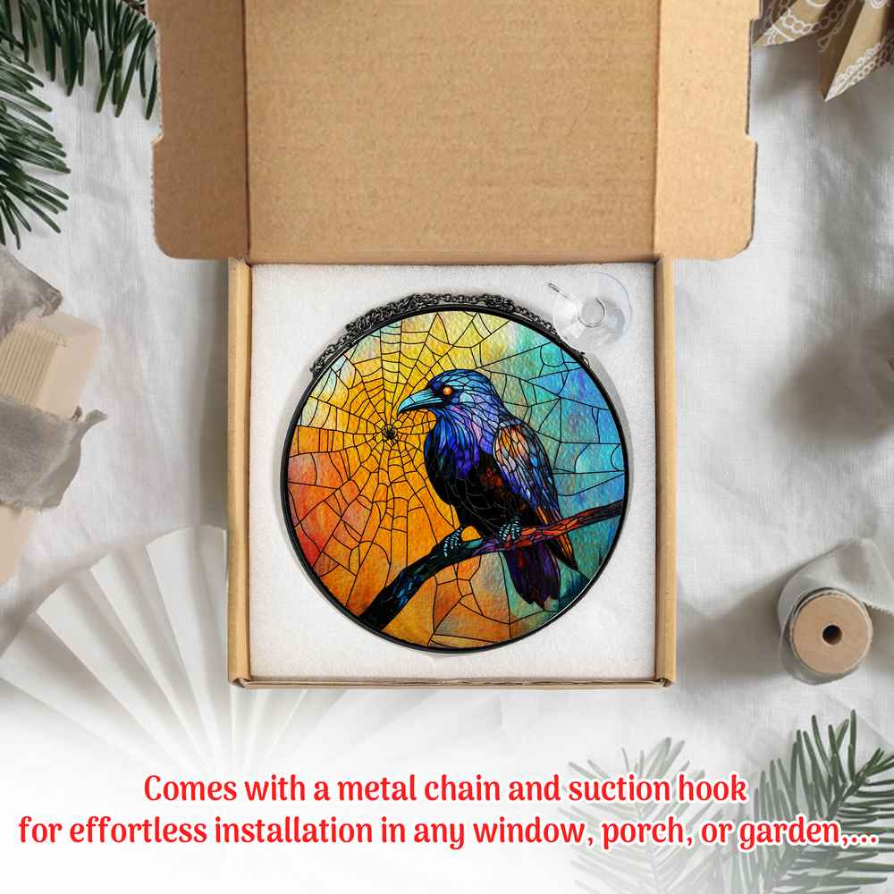 Personalized Raven And Spider Web stained-glass-inspired suncatcher by Foswick